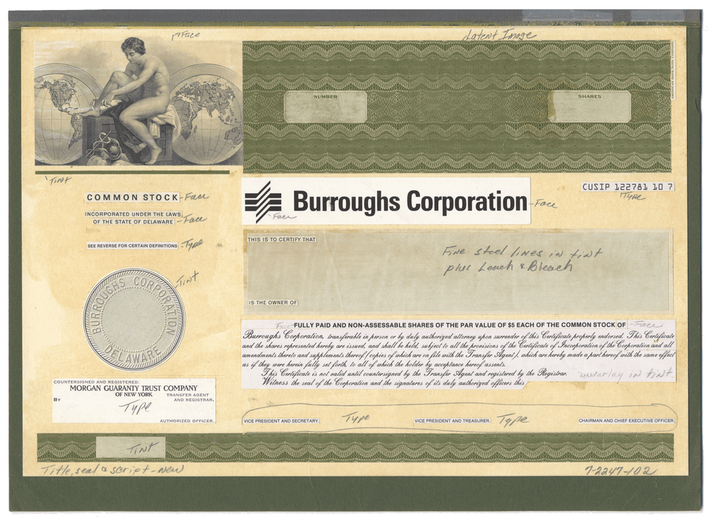 Working Proof from BURROUGHS of the company's Common Stock