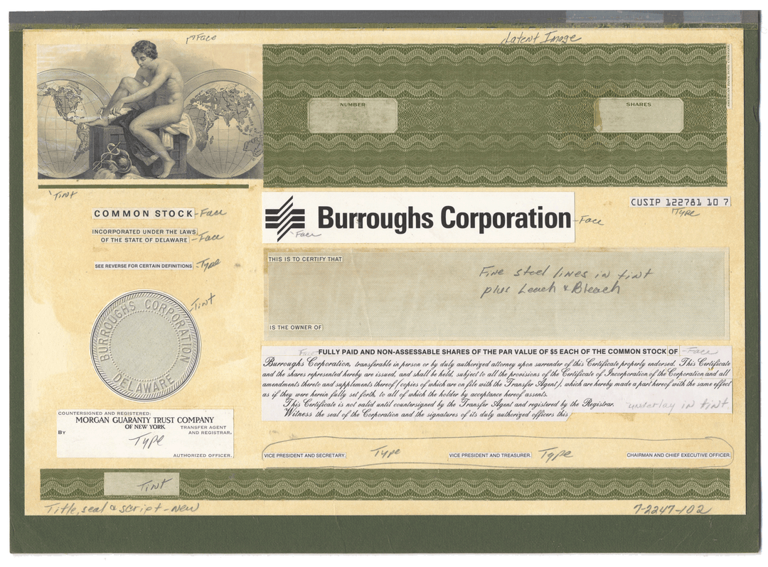 Working Proof from BURROUGHS of the company's Common Stock