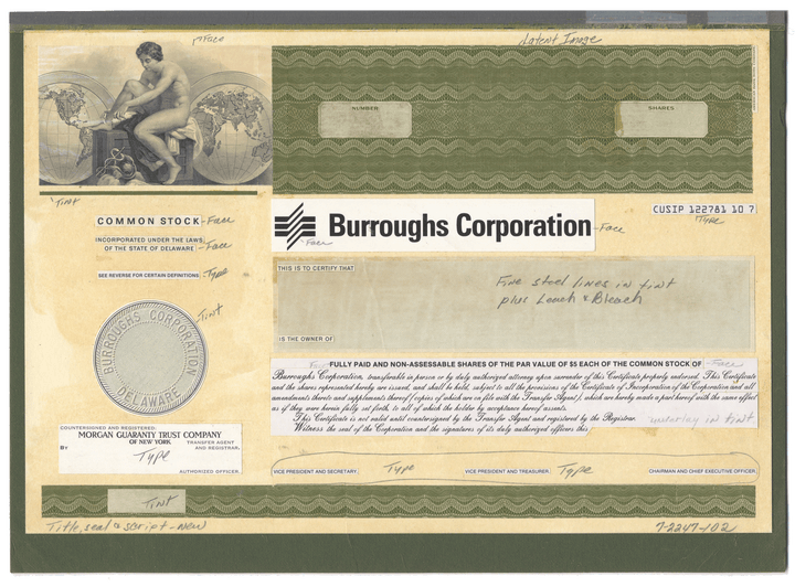 Working Proof from BURROUGHS of the company's Common Stock