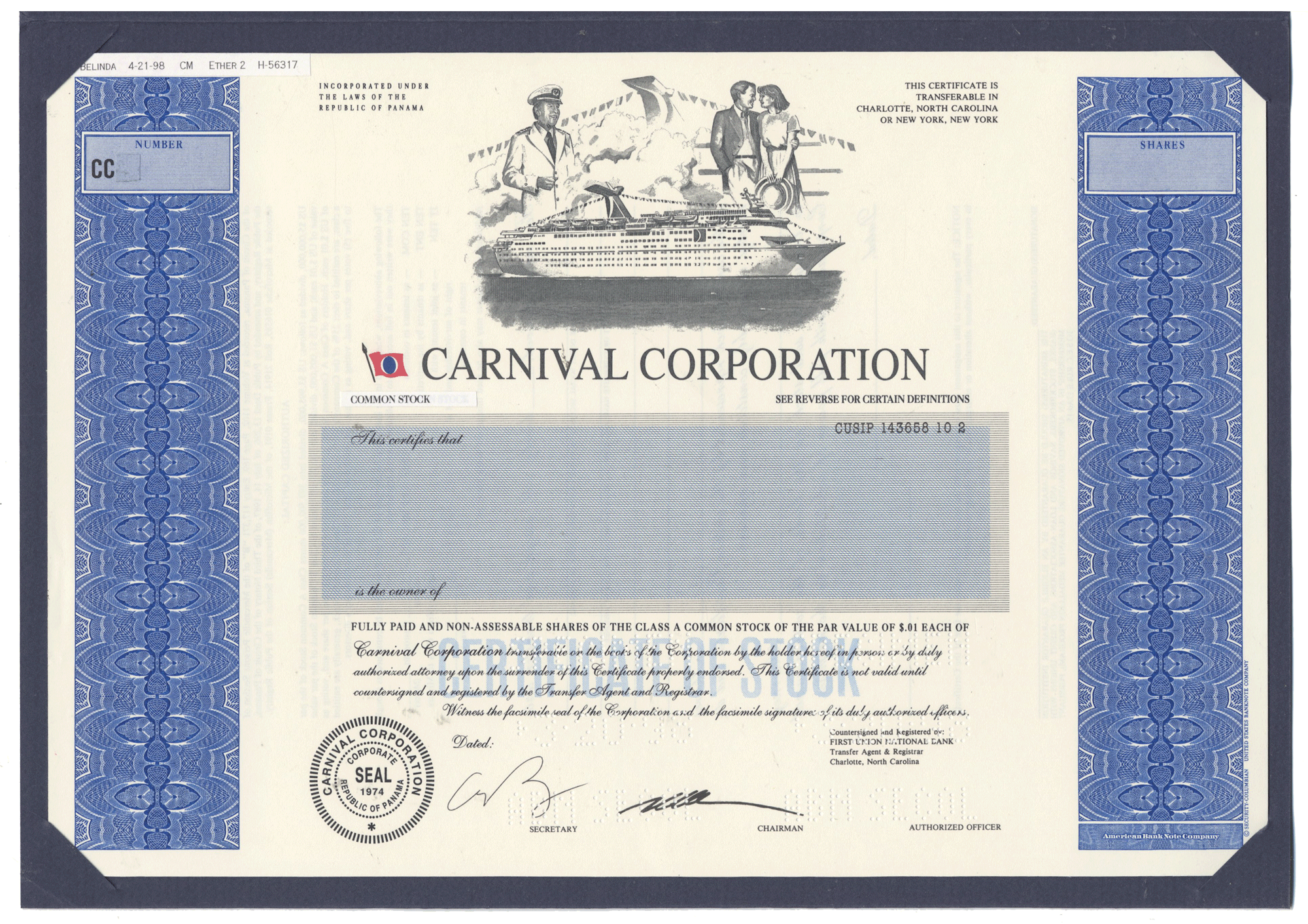 Final Proof from the Carnival Corporation for the company's Class A Common Stock