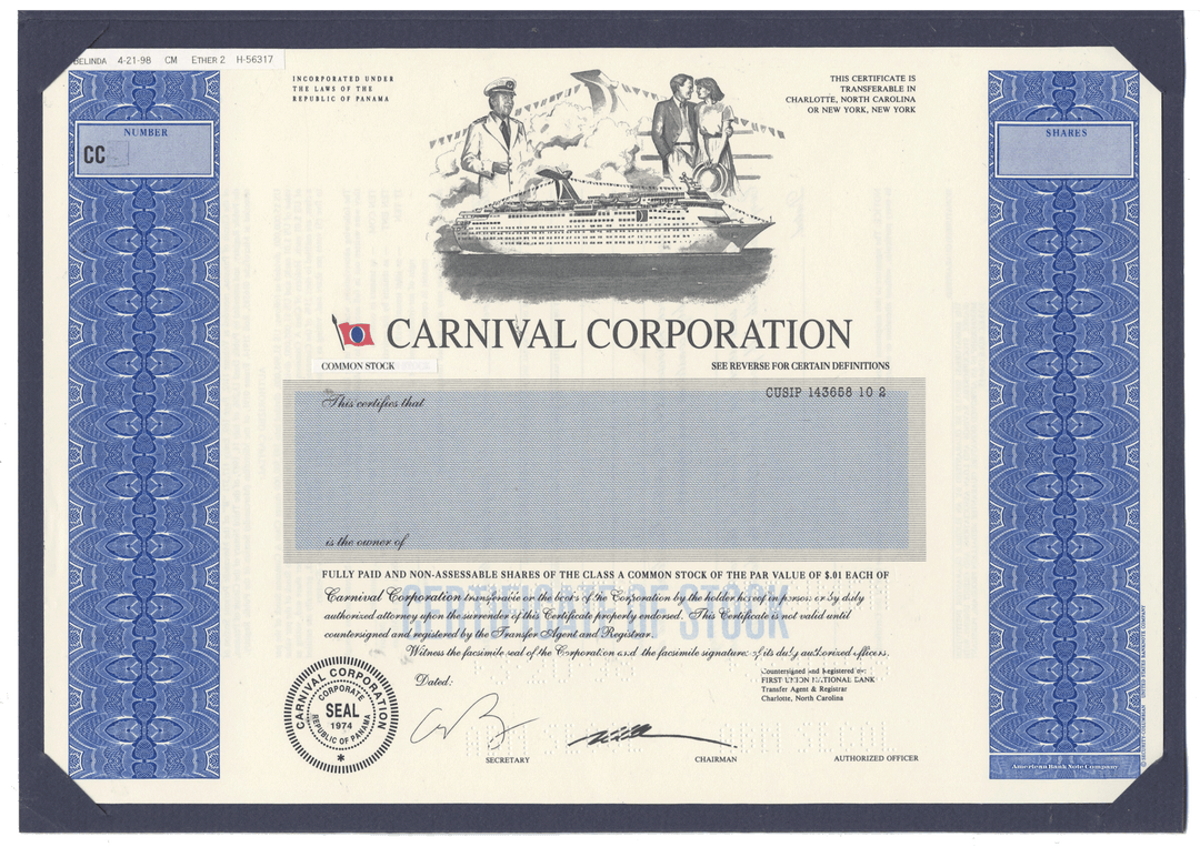 Final Proof from the Carnival Corporation for the company's Class A Common Stock