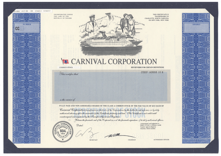 Final Proof from the Carnival Corporation for the company's Class A Common Stock