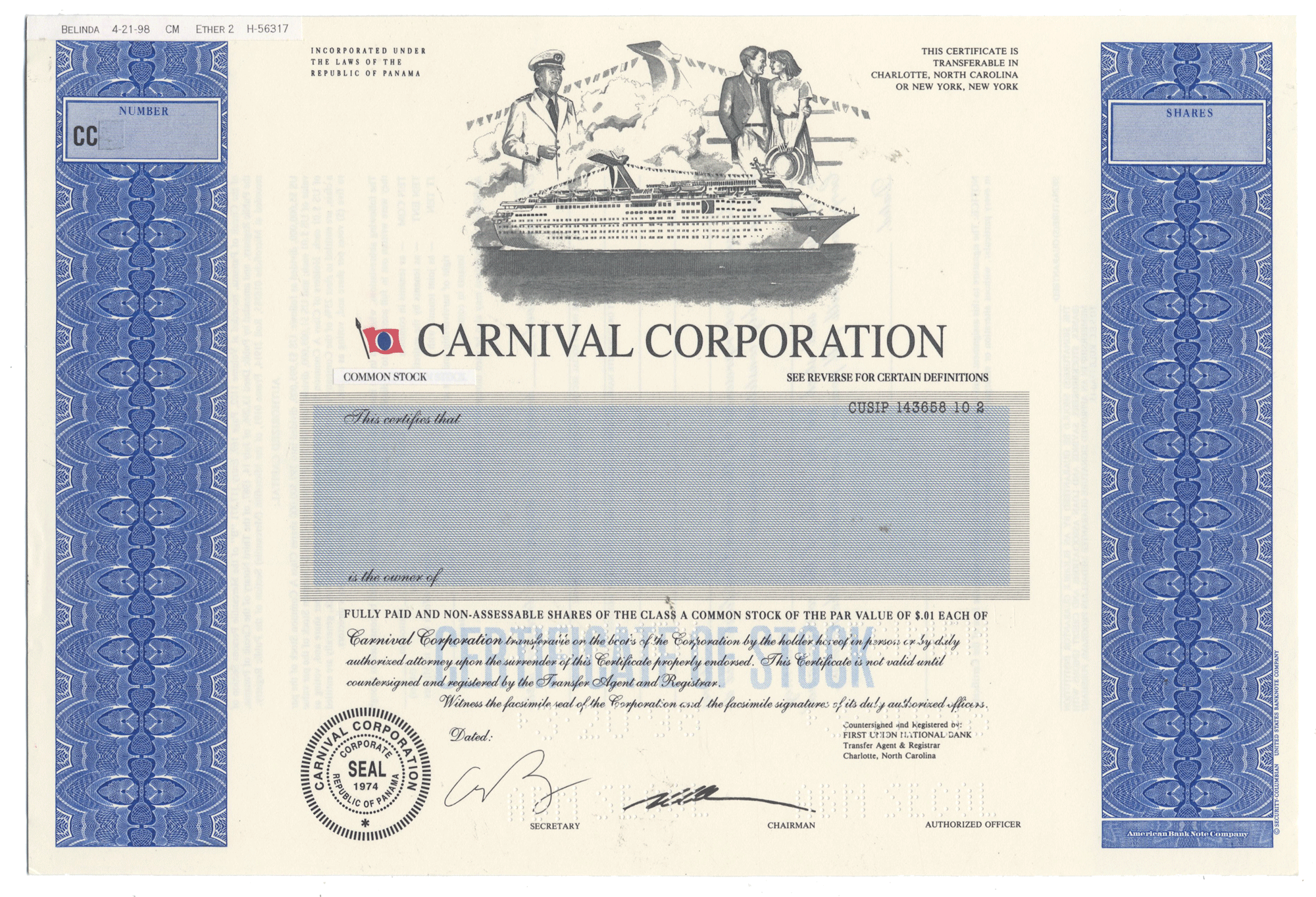 Final Proof from the Carnival Corporation for the company's Class A Common Stock