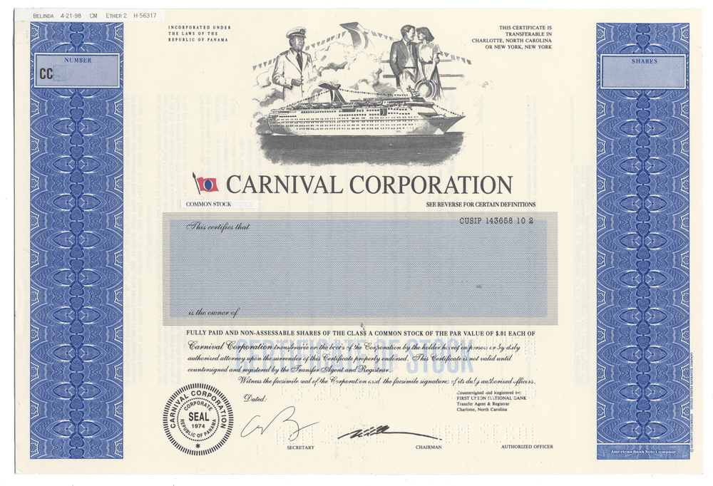 Final Proof from the Carnival Corporation for the company's Class A Common Stock