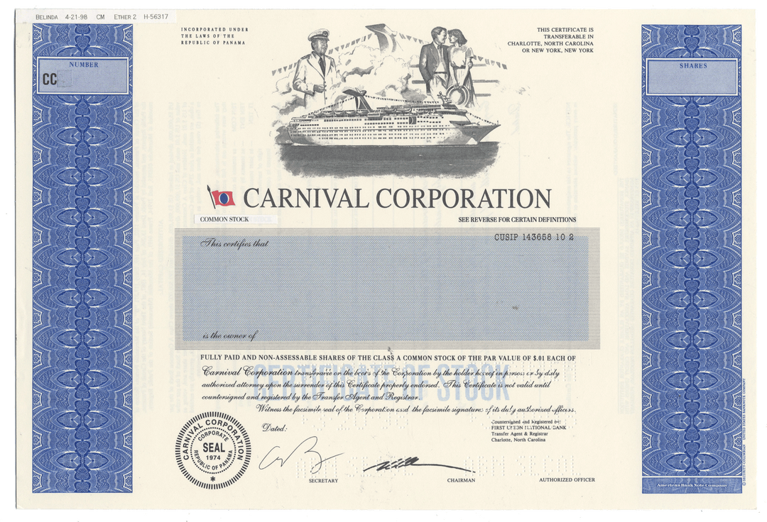 Final Proof from the Carnival Corporation for the company's Class A Common Stock