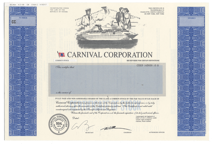 Final Proof from the Carnival Corporation for the company's Class A Common Stock
