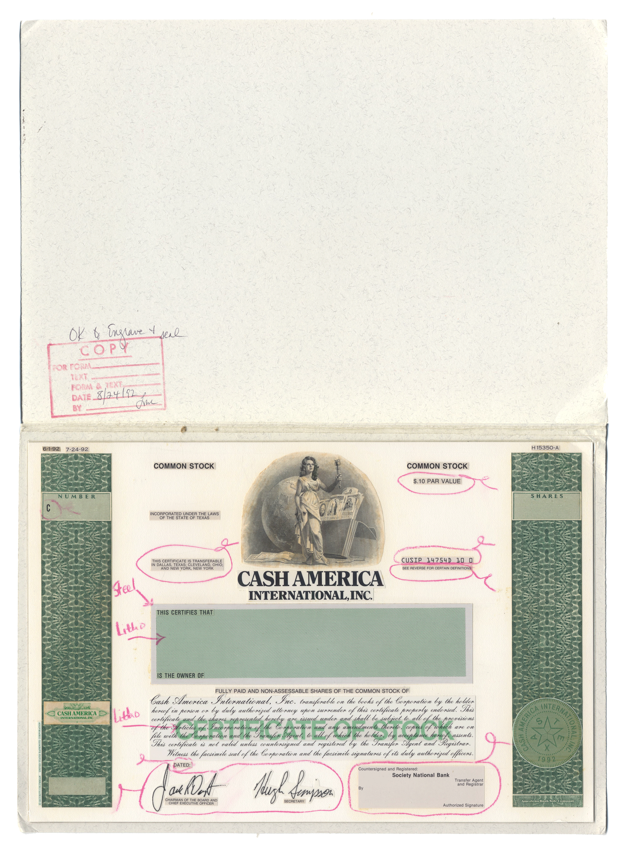 Very Rare CASH AMERICA Working Proof for Common Stock