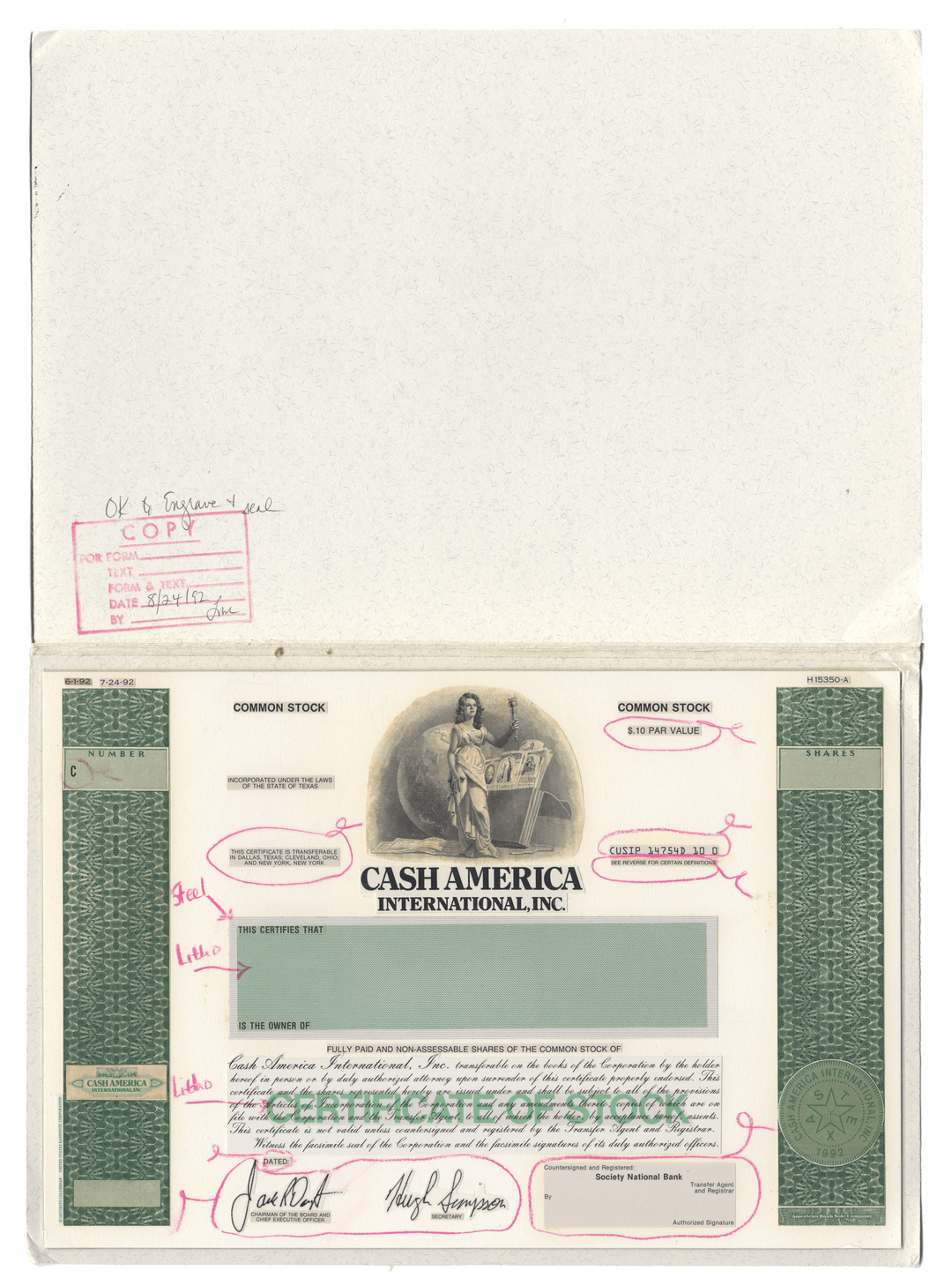 Very Rare CASH AMERICA Working Proof for Common Stock