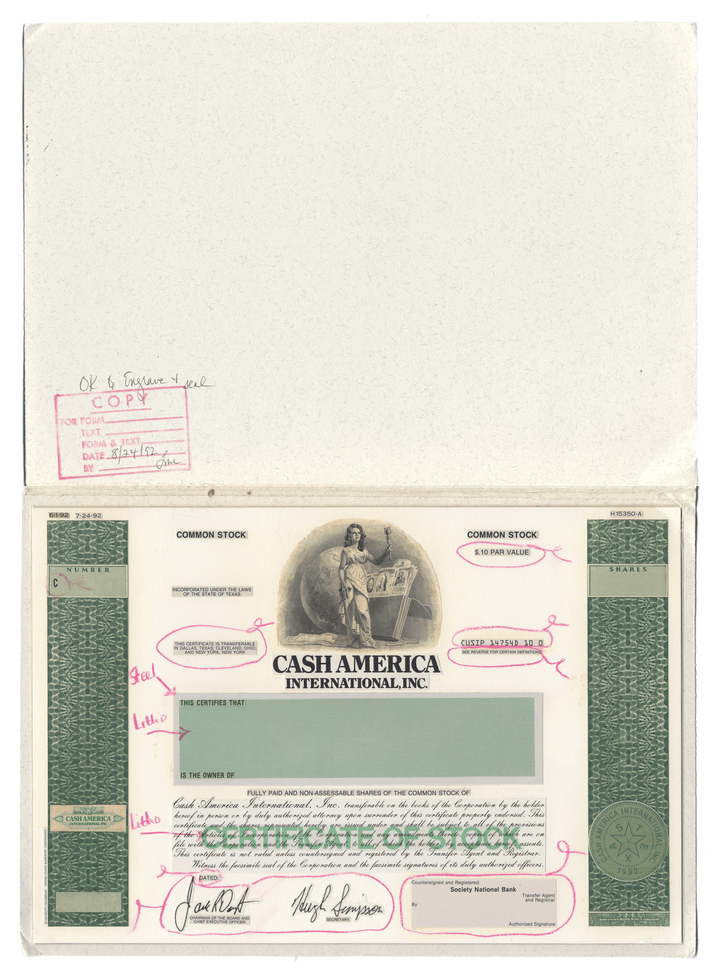 Very Rare CASH AMERICA Working Proof for Common Stock