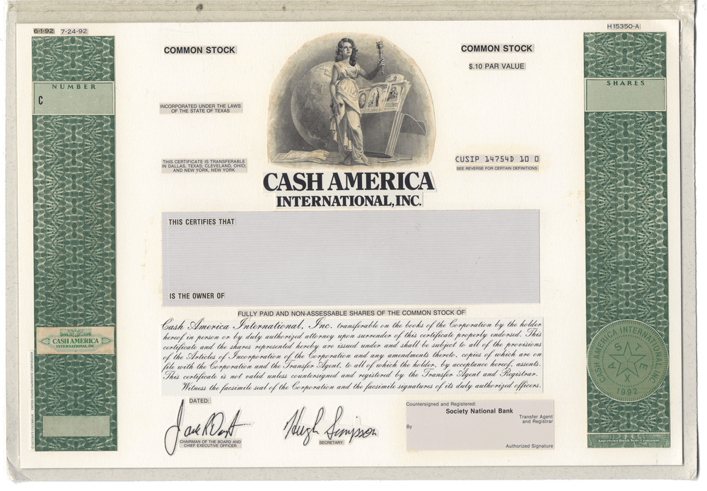 Very Rare CASH AMERICA Working Proof for Common Stock