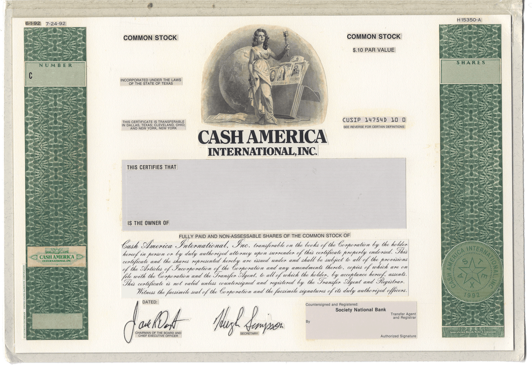 Very Rare CASH AMERICA Working Proof for Common Stock
