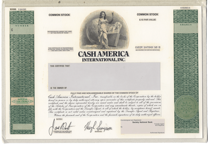 Very Rare CASH AMERICA Working Proof for Common Stock