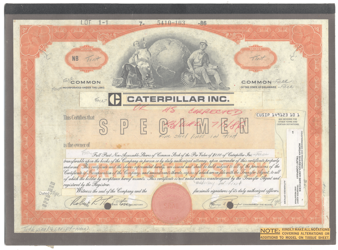 Working Proof from CATERPILLAR for one the company's Common Stock Certificates
