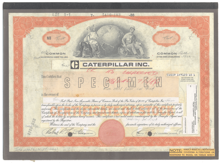 Working Proof from CATERPILLAR for one the company's Common Stock Certificates