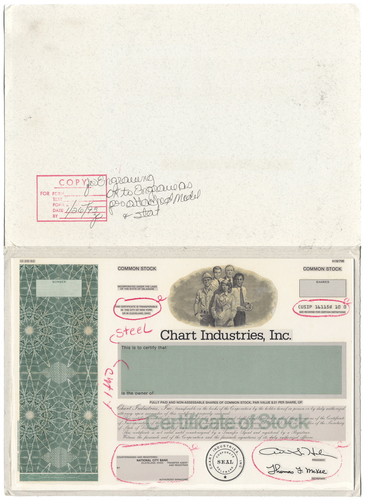 Very Rare CHART INDUSTRIES Working Proof Stock Certificate Ghosts of
