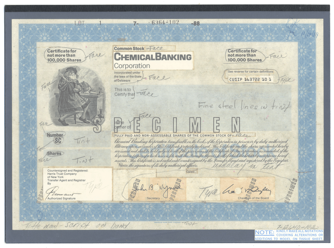 Rare CHEMICAL BANK Working Proof for one of the company's stock certificates