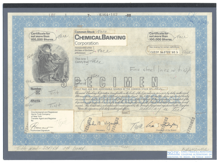 Rare CHEMICAL BANK Working Proof for one of the company's stock certificates