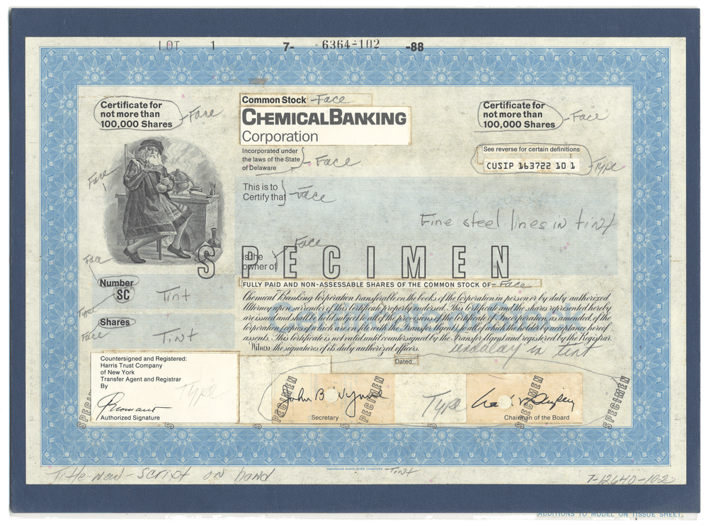Rare CHEMICAL BANK Working Proof for one of the company's stock certificates