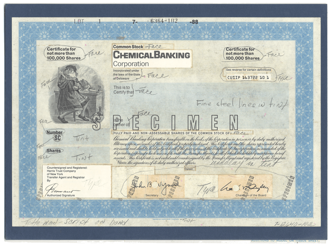 Rare CHEMICAL BANK Working Proof for one of the company's stock certificates