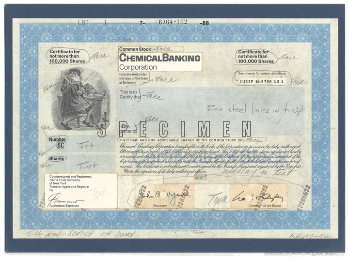 Rare CHEMICAL BANK Working Proof for one of the company's stock certificates