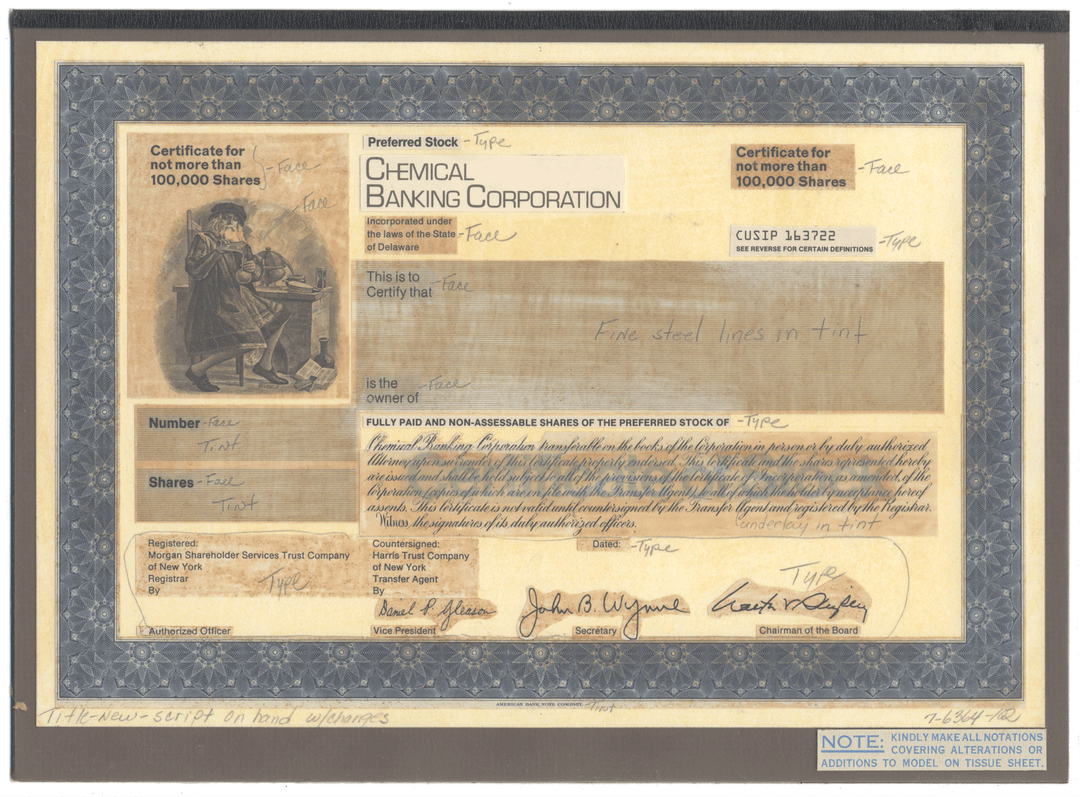 Rare CHEMICAL BANK Working Proof for the company's common stock