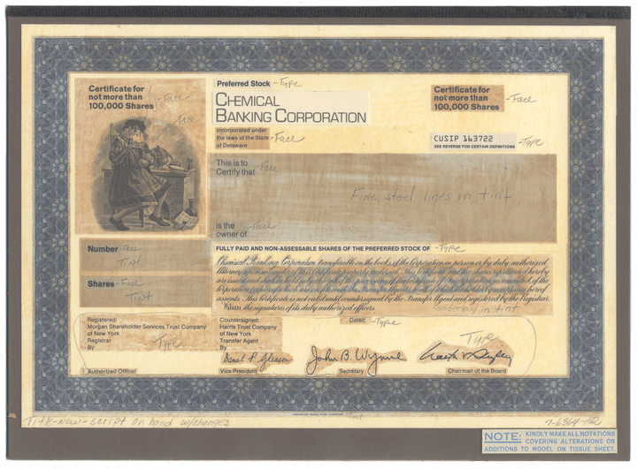 Rare CHEMICAL BANK Working Proof for the company's common stock