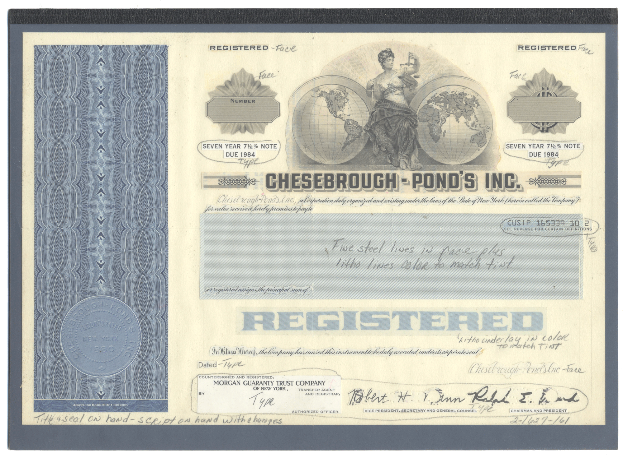 Working Proof from Chesebrough-Pond's for one the company's Seven Year Notes