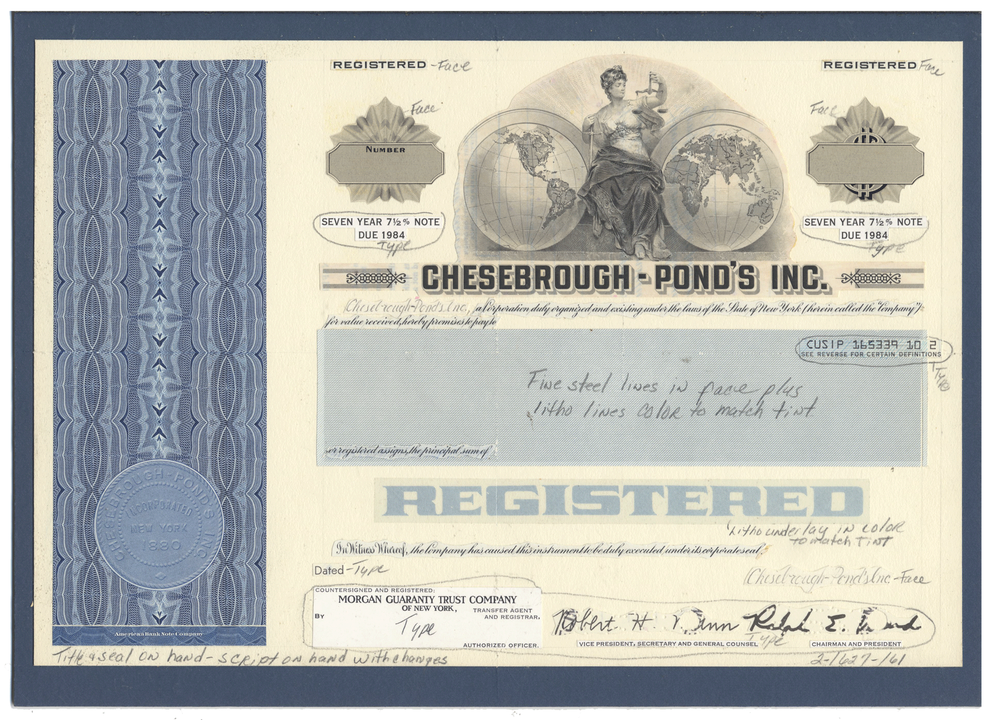 Working Proof from Chesebrough-Pond's for one the company's Seven Year Notes