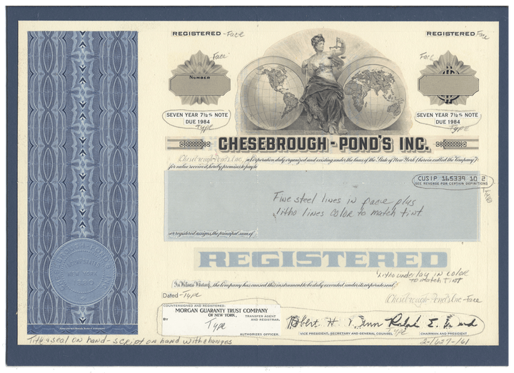 Working Proof from Chesebrough-Pond's for one the company's Seven Year Notes