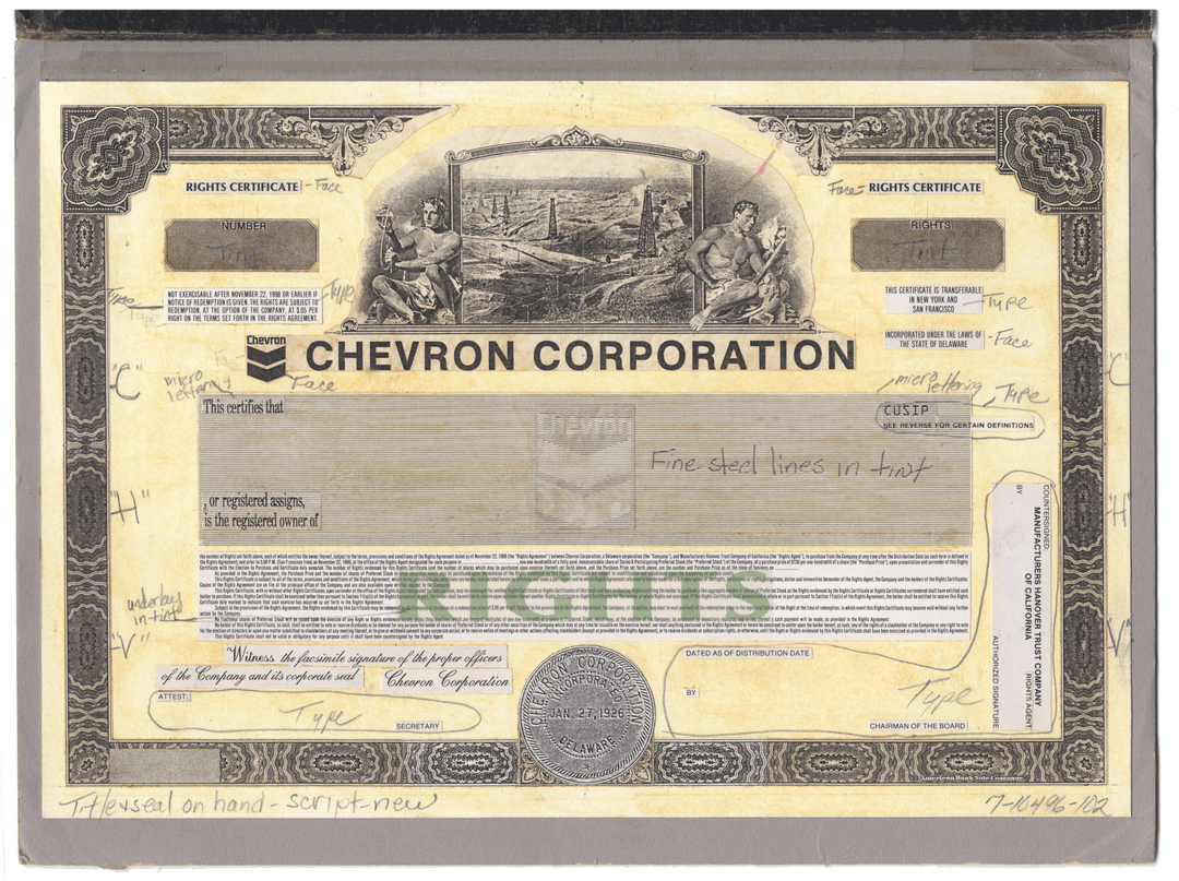 Working Proof from Chevron for one the company's Rights Certificates
