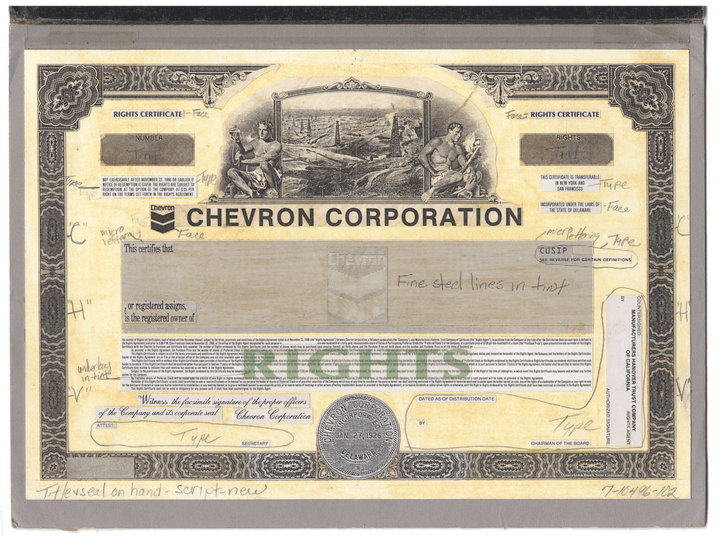 Working Proof from Chevron for one the company's Rights Certificates