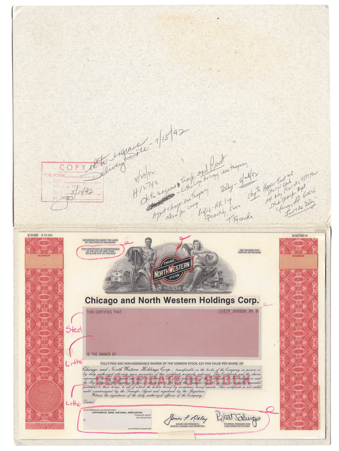 Working Proof from the CHICAGO NORTH WESTERN HOLDINGS CORP. for one of the company's Common stock certificates