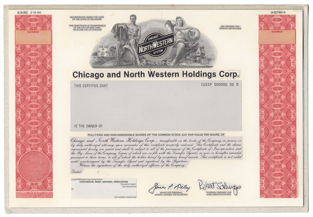 Working Proof from the CHICAGO NORTH WESTERN HOLDINGS CORP. for one of the company's Common stock certificates