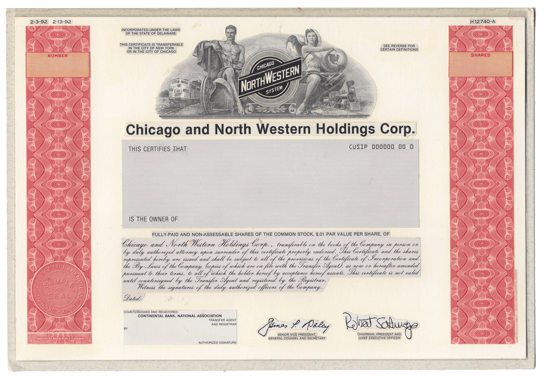 Working Proof from the CHICAGO NORTH WESTERN HOLDINGS CORP. for one of the company's Common stock certificates