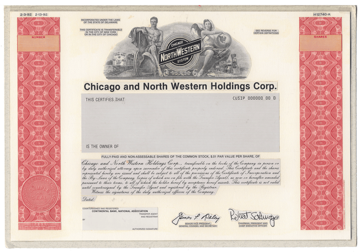 Working Proof from the CHICAGO NORTH WESTERN HOLDINGS CORP. for one of the company's Common stock certificates
