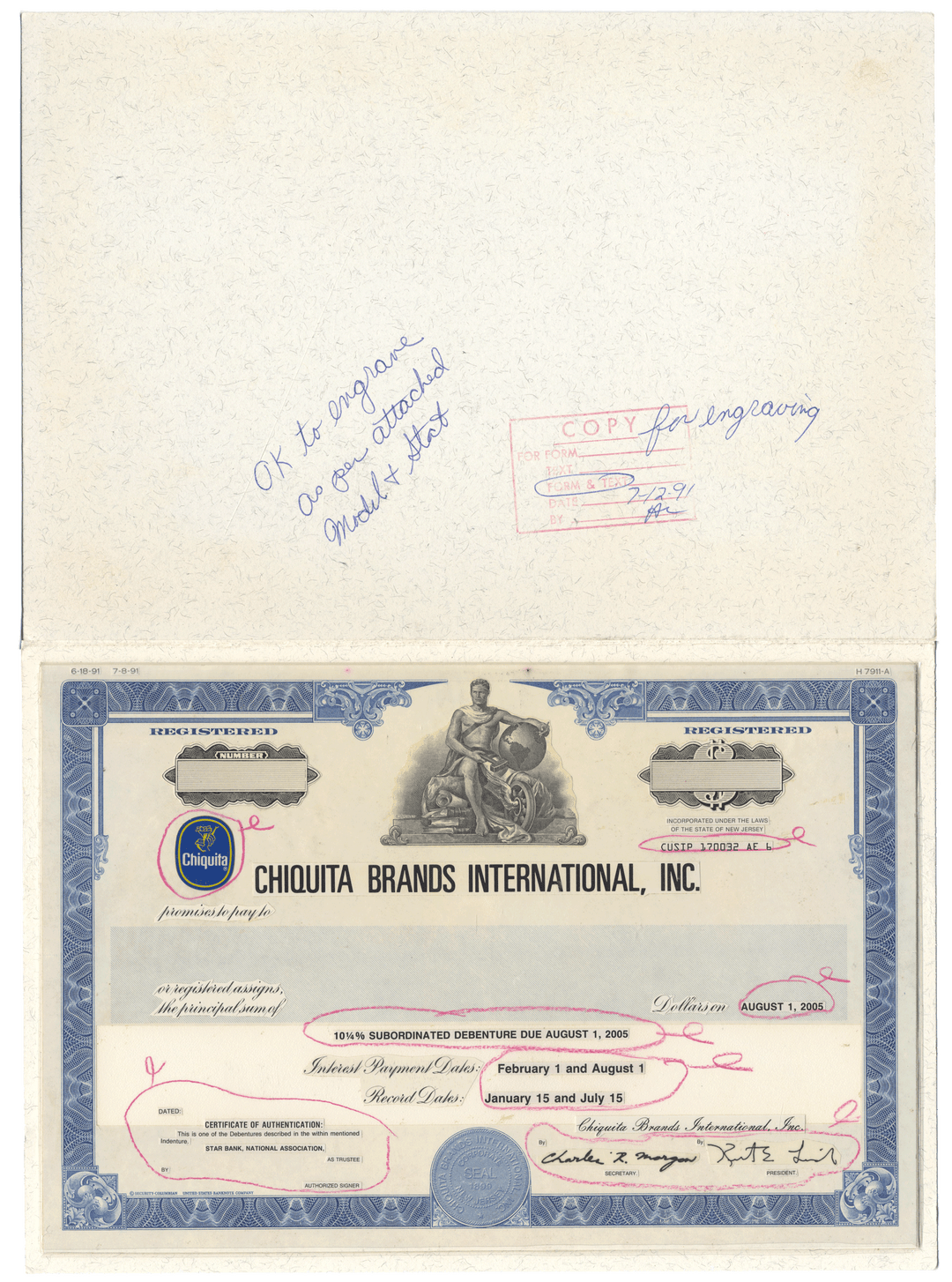 Rare Chiquita Brands International, Inc. registered bond working proof