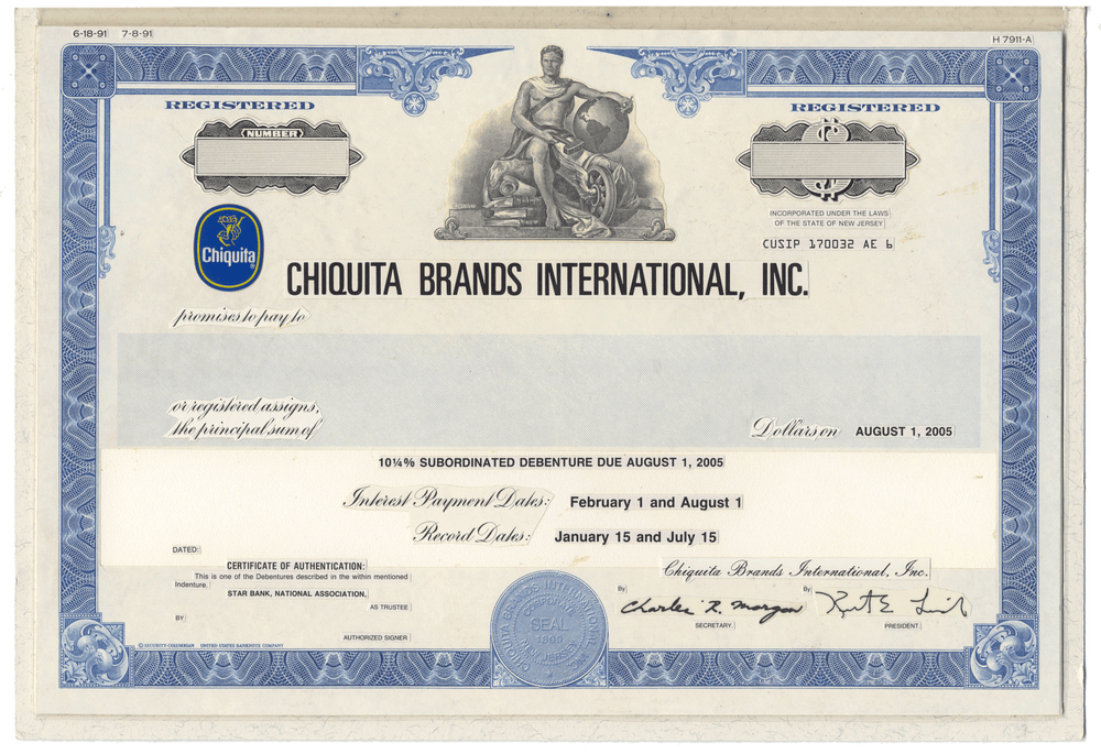 Rare Chiquita Brands International, Inc. registered bond working proof
