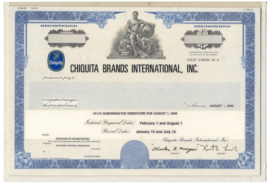 Rare Chiquita Brands International, Inc. registered bond working proof