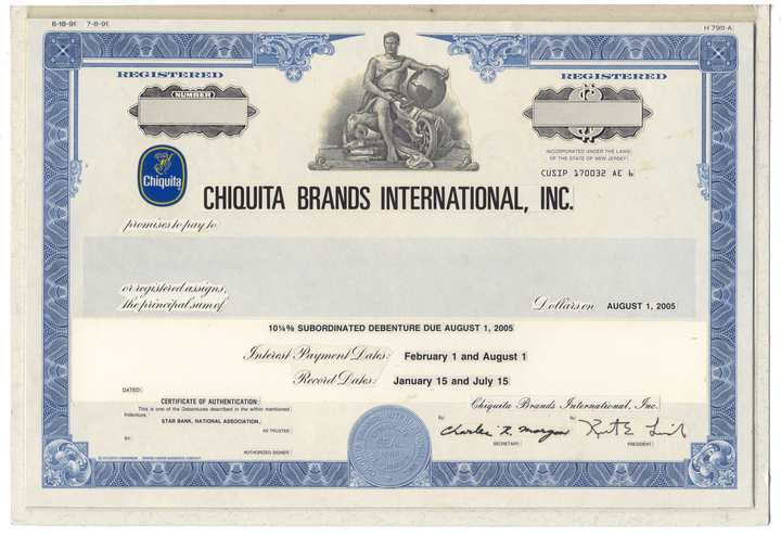 Rare Chiquita Brands International, Inc. registered bond working proof