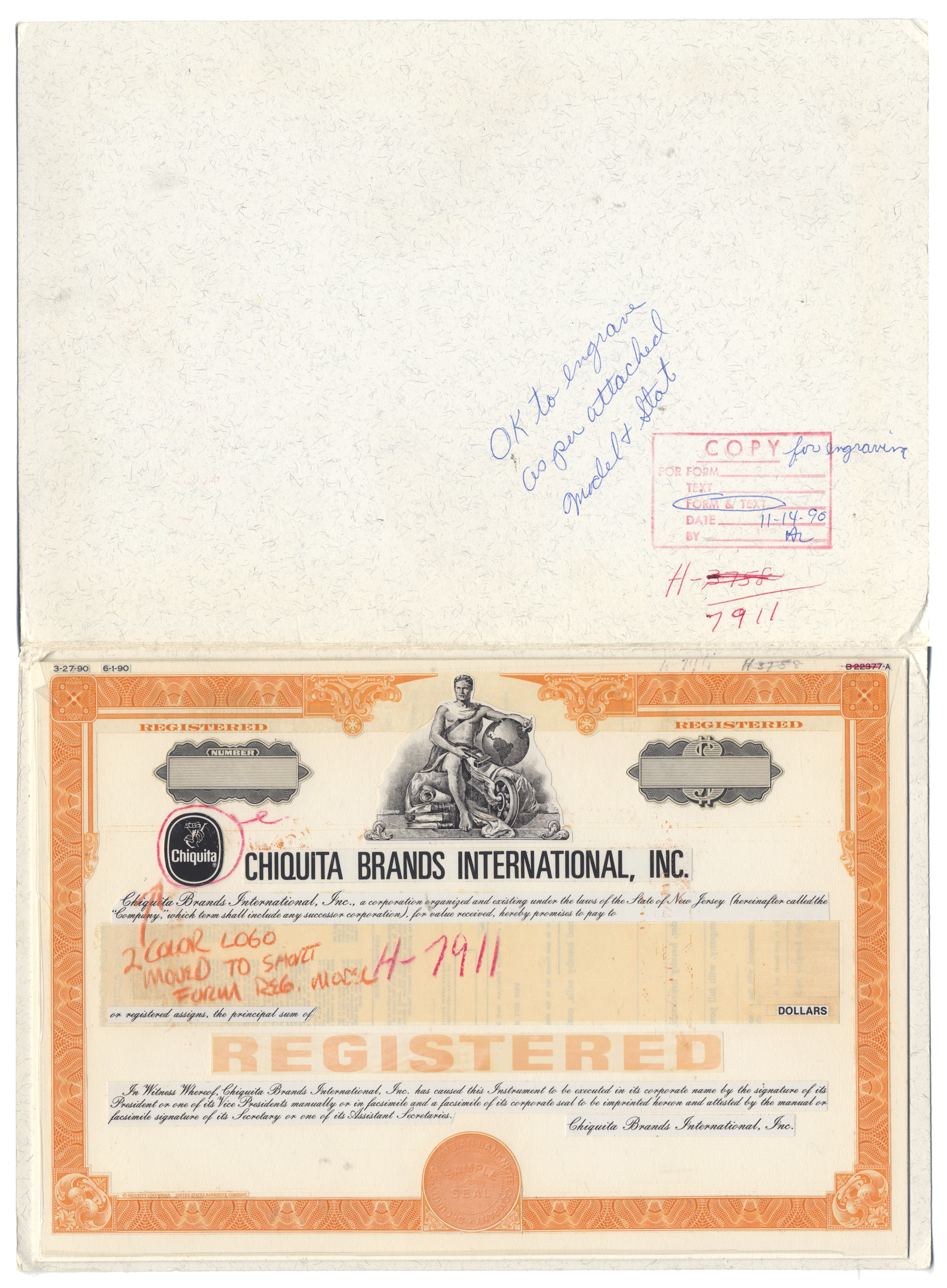 Working Proof from CHIQUITA for the company's Registered Bonds