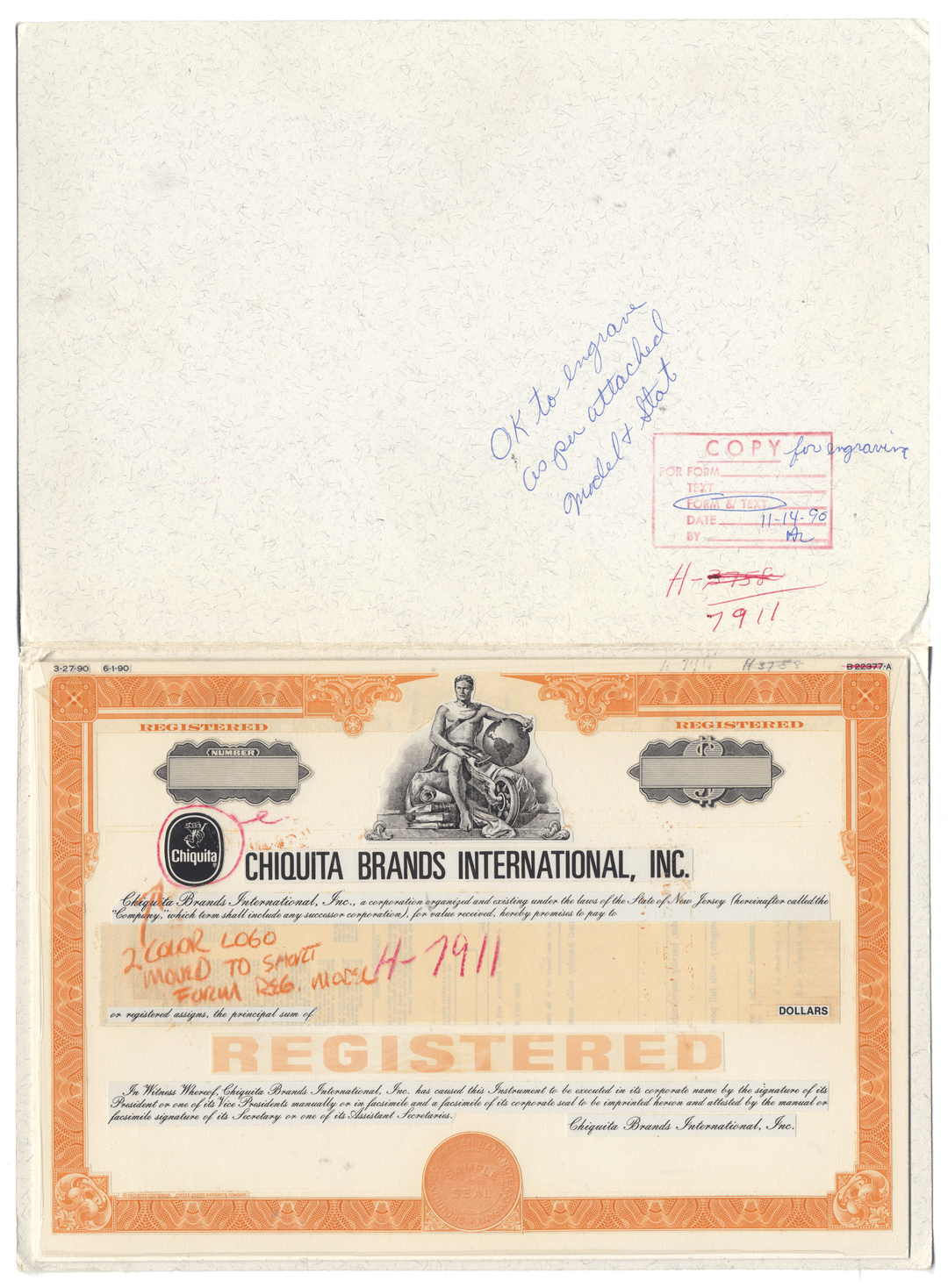 Working Proof from CHIQUITA for the company's Registered Bonds