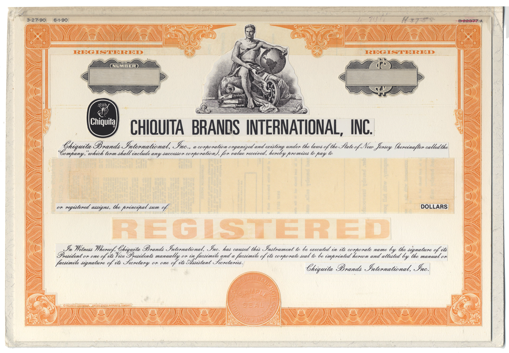 Working Proof from CHIQUITA for the company's Registered Bonds