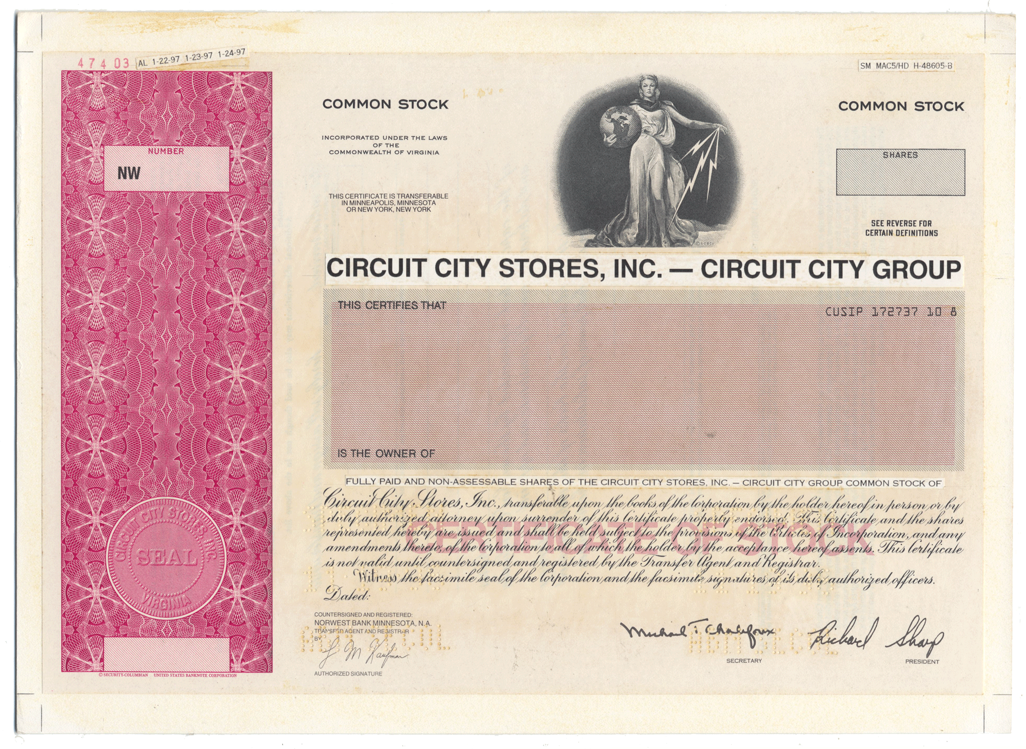 Working Proof from Circuit City for the company's Common Stocks