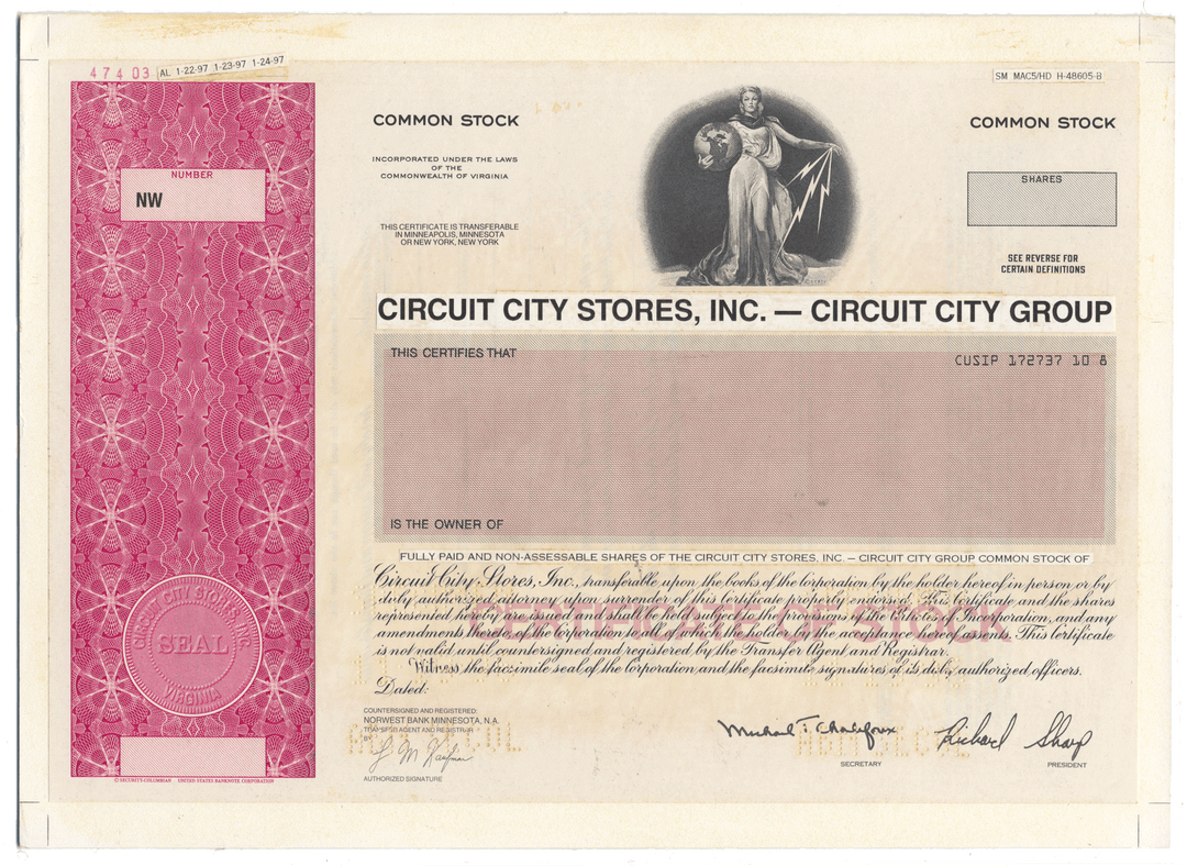 Working Proof from Circuit City for the company's Common Stocks