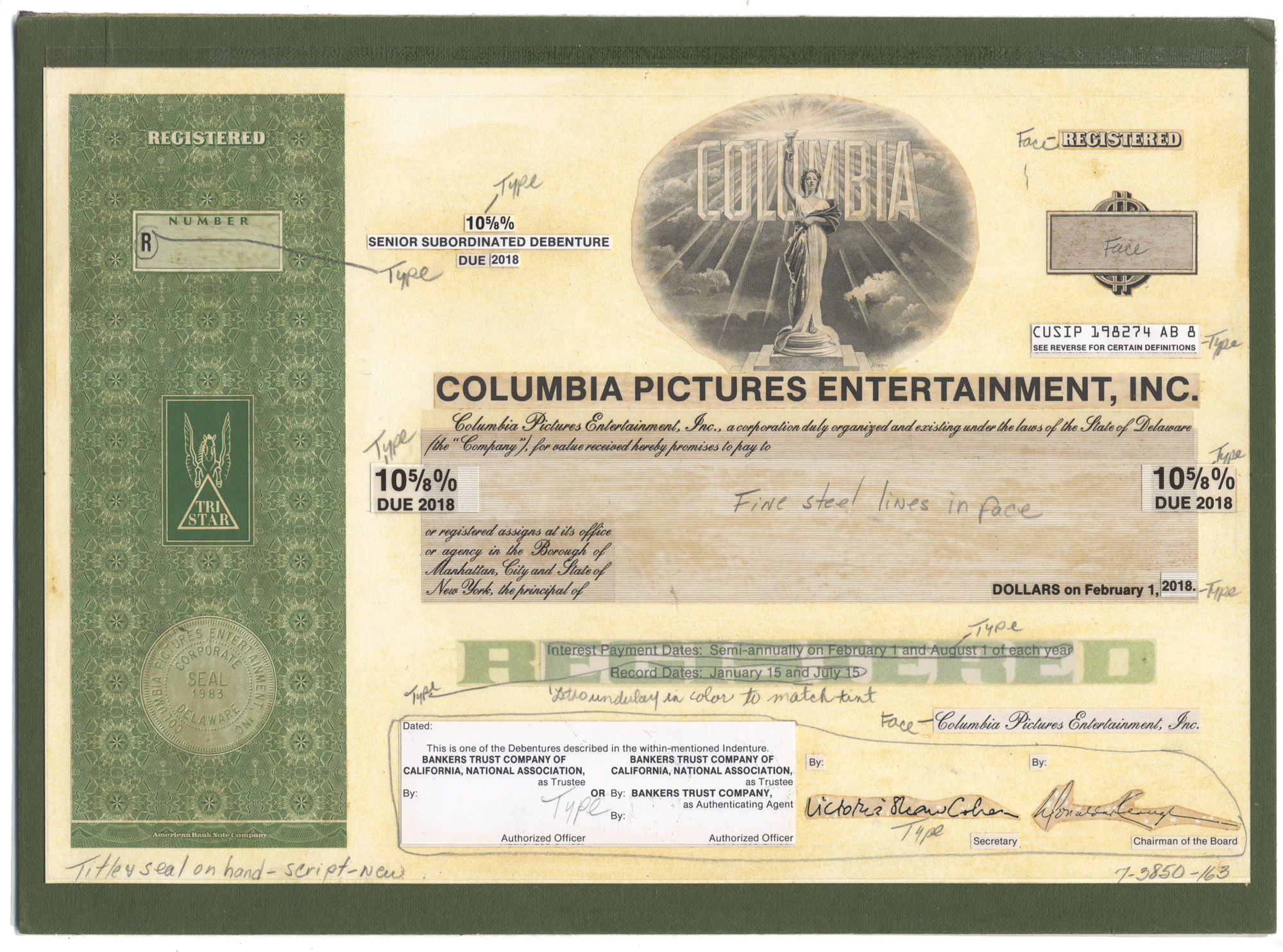Rare COLUMBIA PICTURES ENTERTAINMENT Working Proof