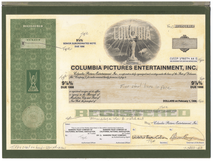 Rare COLUMBIA PICTURES ENTERTAINMENT Working Proof
