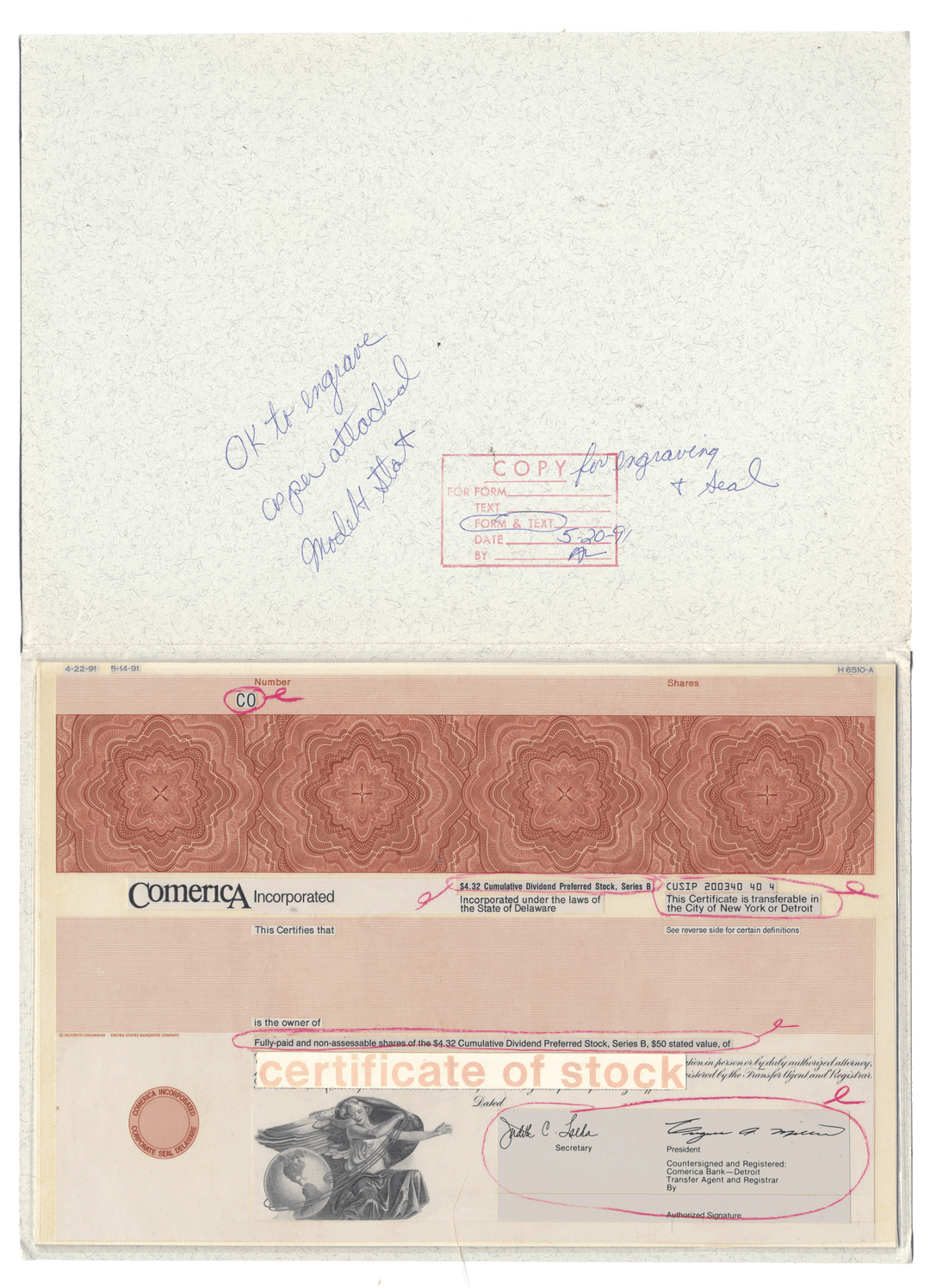 Working Proof from Comerica for the company's Cumulative Preferred Stock