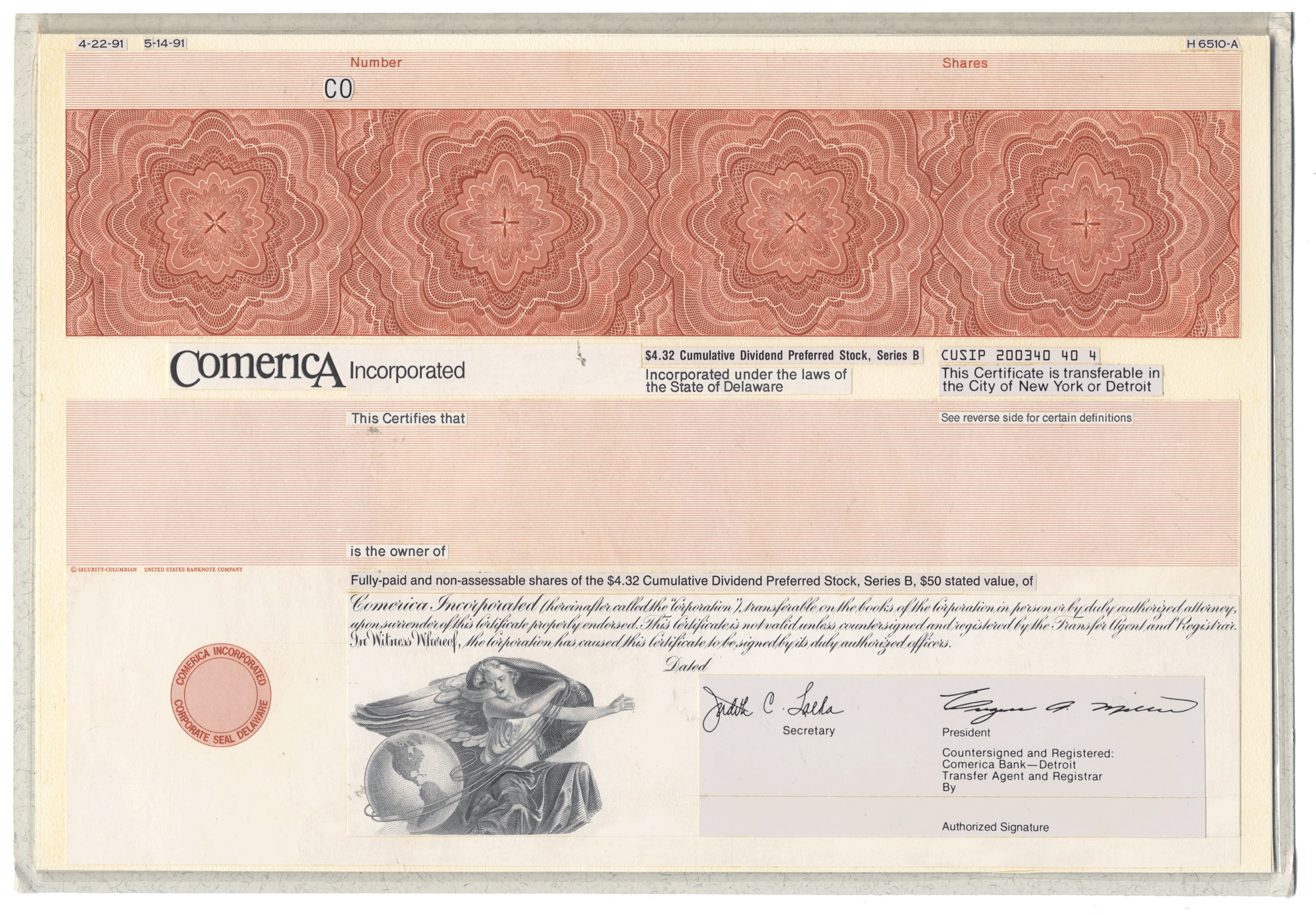 Working Proof from Comerica for the company's Cumulative Preferred Stock