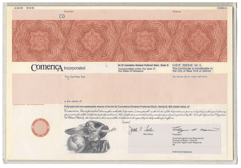 Working Proof from Comerica for the company's Cumulative Preferred Stock