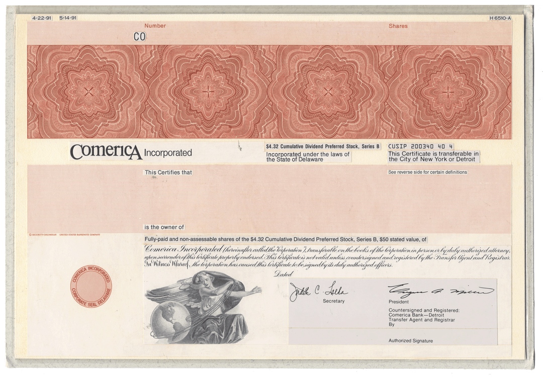 Working Proof from Comerica for the company's Cumulative Preferred Stock
